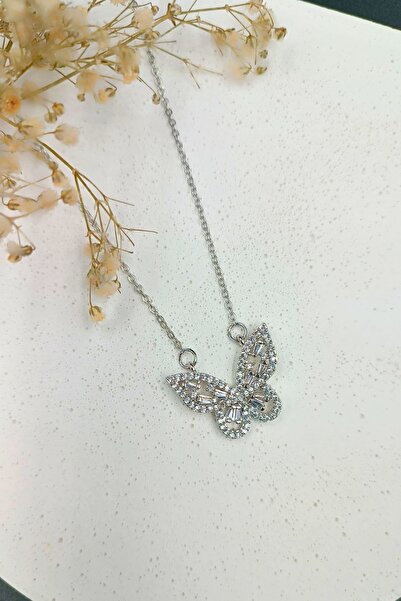 Genel Markalar 316 L. Çelik Kararmaz Zirkon Taşlı Kelebek Kolye Gümüş