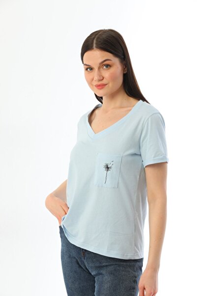 kallima Синя футболка з вишитими кишенями та V-подібним вирізом з бавовни 100