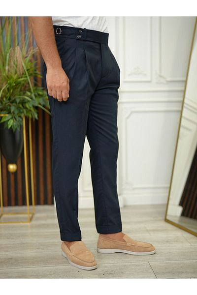 Pantolonia Navy Blue Slim Fit Italian Cut Men's Trousers - Pleated Buckle