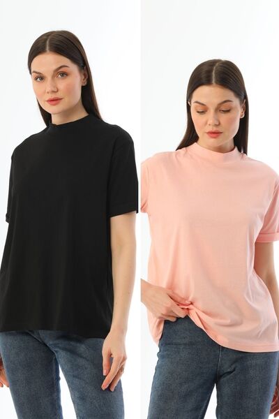 kallima Negru-roz Pachet de 2 tricou cu guler vertical, 100% bumbac