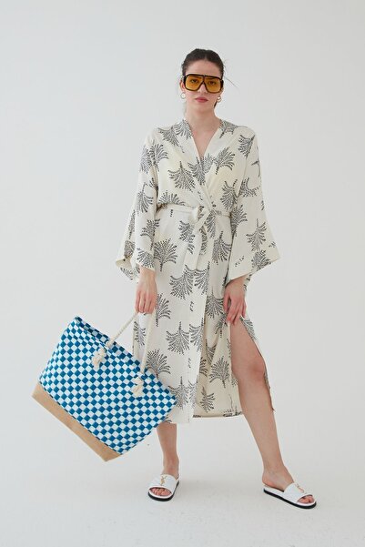 bakacstore Στρογγυλή καφέ ψάθινη τσάντα παραλίας - Ειδικό χρώμα με λουράκι σχοινιού, φερμουάρ και καρό