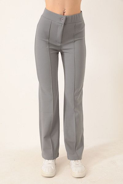 RuyaMood Gray High Waist Lycra Recovery Crepe Palazzo Trousers - Front Striped