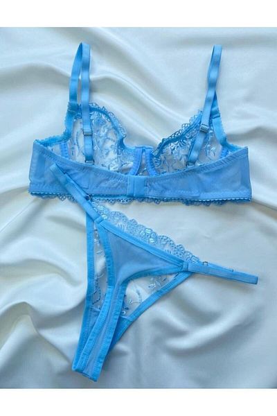 ARONA Blue? Underwire? Lace Embroidered Bra Set - Transparent Thong Bralet - L?ngeri?e Haven