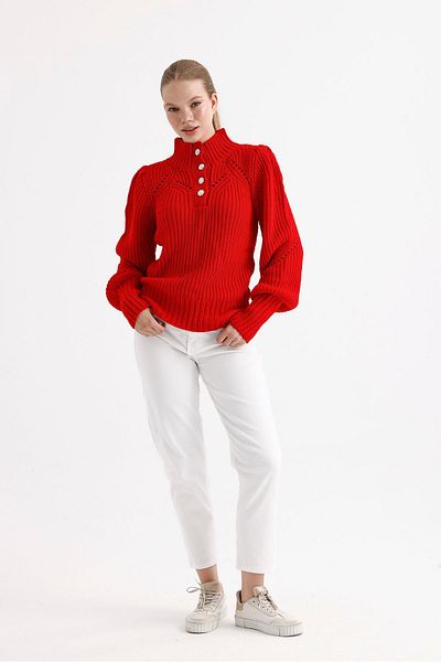 fujya Stone Button Stand Collar Red Knitwear