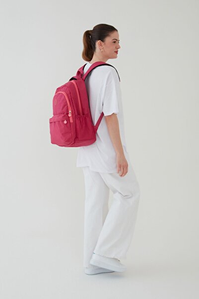 Rosso Collina Unisex Krinkıl Su Geçirmez Kumaş Büyük Boy Çok Gözlü Okul Seyahat Sırt Çantası Rosso Collina Pembe
