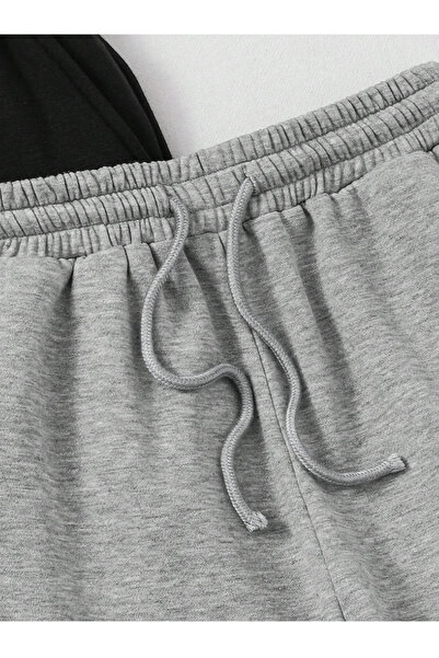 yx yustex sport İkili Siyah Gri Basic Oversize Eşofman Seti Paça Lastikli