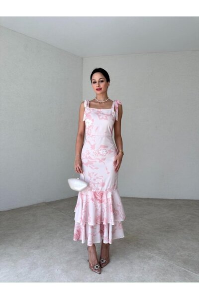 Rabia Çelik Kadın Pembe Çiçek Desenli Omuzları Bağlamalı Etek Ucu FırFırlı Uz...
