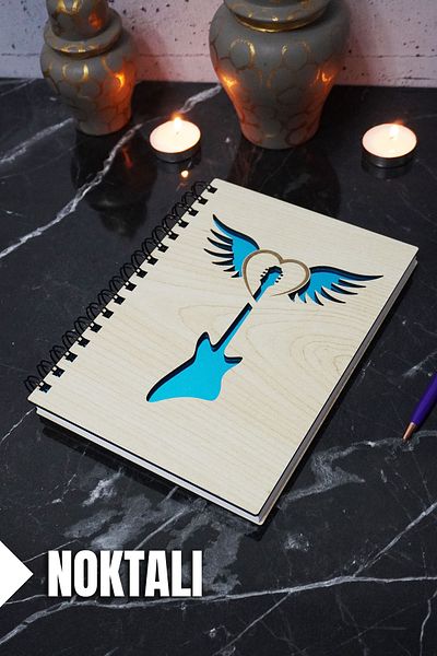 markcat Guitar Wings Themed Wooden Cover 120 Sheets Notebook - Dotted and for Agenda (A5)