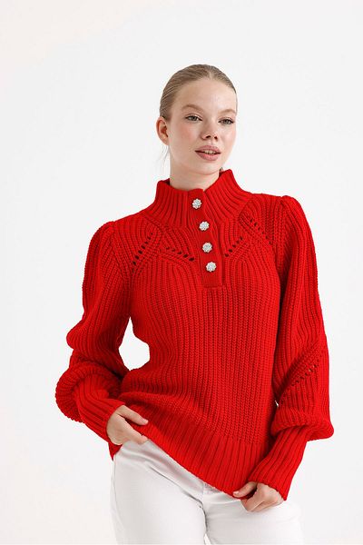 fujya Stone Button Stand Collar Red Knitwear