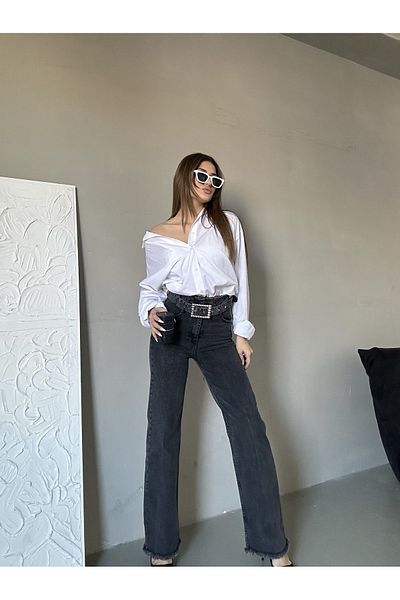 cms jeans Femei cu talie înaltă, cu curea, talie, ciucuri, picior, ciucuri, negru, spălat cu zăpadă, lycra Palazzo Jean