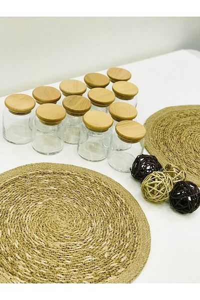 Elite Home Studio Bamboo Glass Vacuum Lid 300 ml Set of 12 Spice Bowl Wooden Spoon and Label Gift