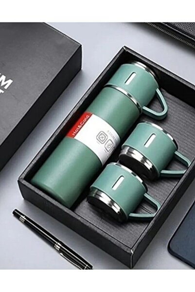 E-Termos Paslanmaz Çelik Termos Siyah, Bej ve Yeşil Renk 3 Bardaklı Termos Se...