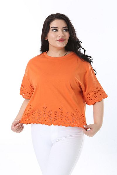 Şans Πορτοκαλί Κέντημα Λεπτομερής Μπλούζα Plus Size - 65n38242