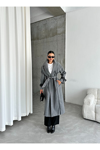Laluvia Dark Gray Leather Stripe Belted Herringbone Long Coat-43886