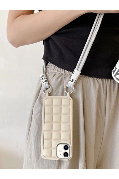 MAB Apple iPhone 11 Compatible Rope Series Silicone Case with Neck Strap - Cream