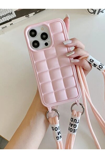 MAB Apple iPhone 14 Pro Compatible Rope Series Neck Strap Silicone Case - Pink