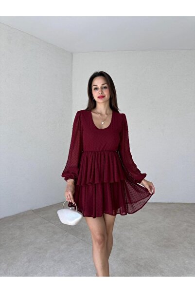 Rabia Çelik Kadın Bordo Puantiye Desenli Mini Elbise