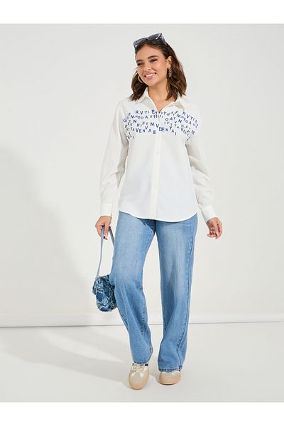 Styli Slogan Print Buttoned Oversized Shirt
