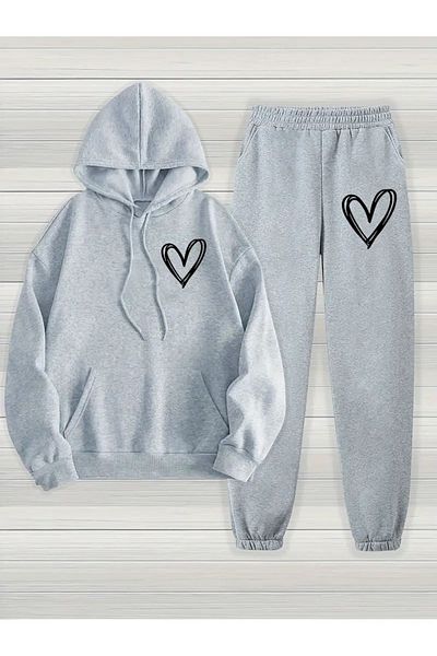 YOHO SPORT Σετ αθλητικών φόρμες με κουκούλα Heart Printed - Ροζ και βαμβακερό, μαλακό και χοντρό σετ 2 τεμαχίων