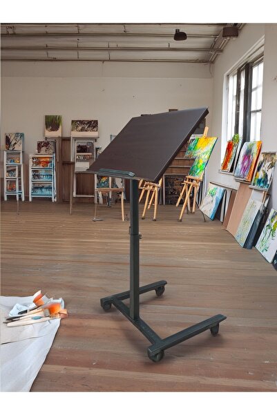 hodbehod Eğim ve Yerden Yükseklik Ayarlı Tekerli Resim Ressam Tuval Sehpası Masası