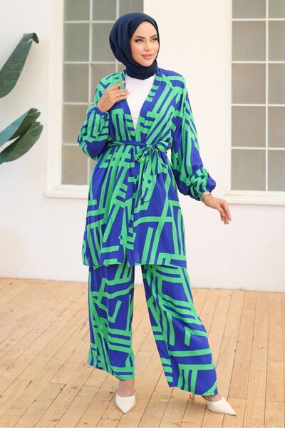 Bestenur Green Bengel Kimono and Pants Set - 1111