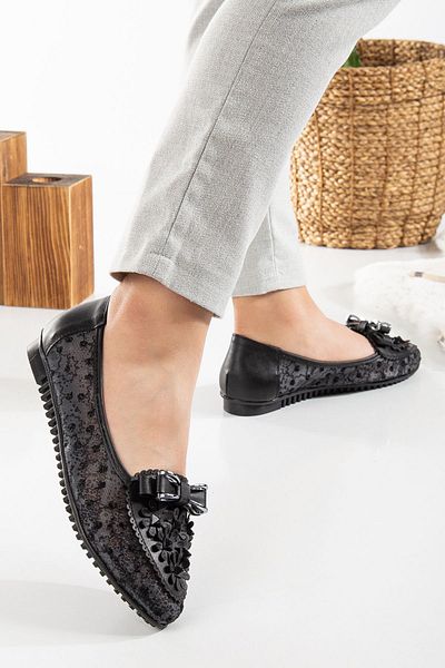 Reyonda ayakkabı New Season Black Ballerinas with Tulle on the Side and Stone Detail