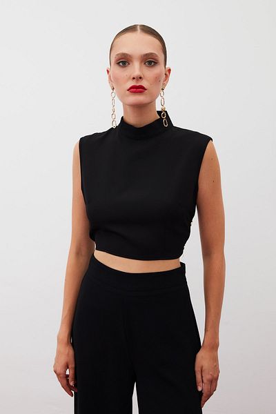 Sateen Bluză neagră crop - cu detaliu snap