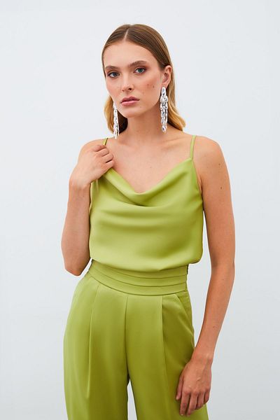 Sateen Flounce Collar Satin Blouse - Oil Green