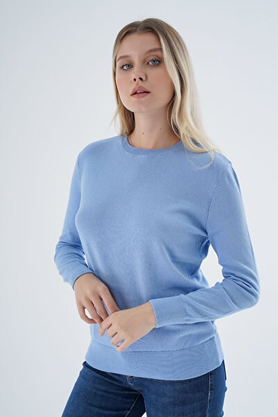 Trist Star Kadın Mavi %100 Organik Pamuk Bisiklet Yaka Triko Kazak Bluz Trıst-6101