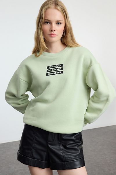 Trendyol Collection Mint barva - Fleece Slogan vyšívaný, pohodlný střih pletená mikina TWOAW22SW1464