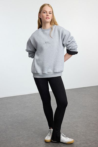 Trendyol Collection Oversize Gray Melange Slogan Fleece Thick Inner SWeatshirt - TWOAW25sw00148