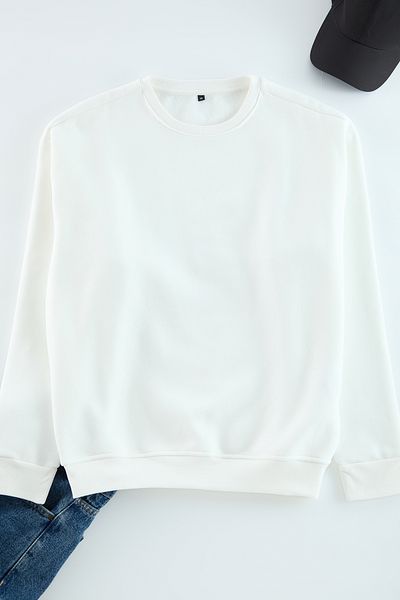 Trendyol Collection Голям памучен суитшърт с полар в цвят екрю - Tmnaw25Sw00011