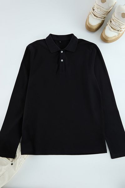 Trendyol Collection Black Basic Polo Neck T-Shirt - 100% Cotton, Slim/Slim Fit, Long Sleeve Tmnaw25Po00000