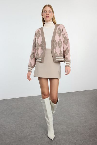 Trendyol Collection Diamond Patterned Mink Knitwear Cardigan - Soft Textured TWOAW23HI00596