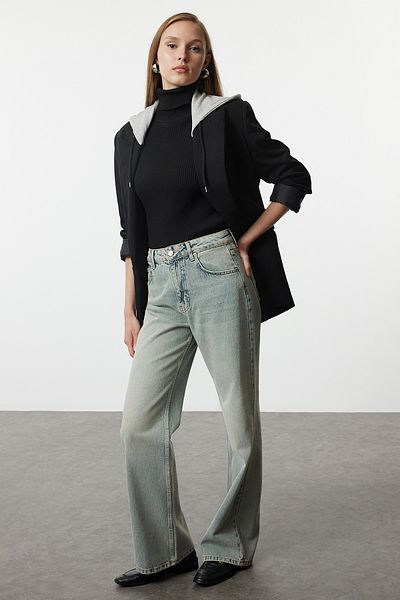 Trendyol Collection Blugi vintage cu talie înaltă, cu picioare largi, albaștri - Efect decolorat, TWOAW25JE00173