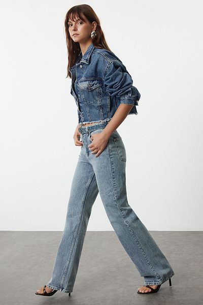 Trendyol Collection Blugi albaștri cu talie înaltă și picioare late - TWOAW25JE00089
