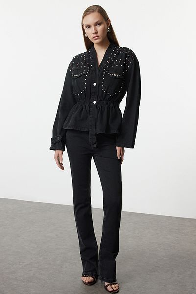 Trendyol Collection Oversize černá kamenná džínová bunda - elastický pas TWOAW25CE00047
