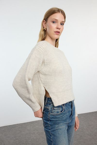 Trendyol Collection Pulover din tricot cu mânecă cu balon - piatră, TWOAW25KZ00230