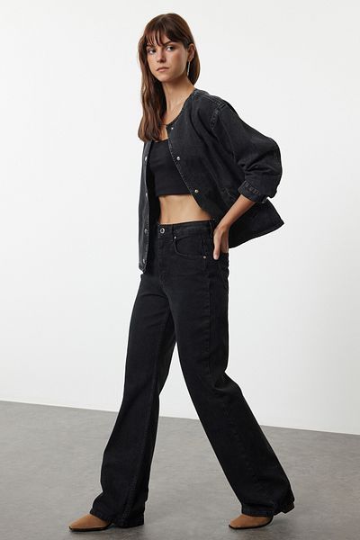 Trendyol Collection Jeansy z wysokim stanem i szerokimi nogawkami w kolorze czarnym - TWOAW25je00155