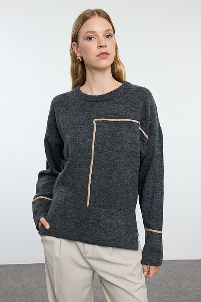 Trendyol Collection Crew Neck Anthracite Knitwear Sweater - Soft Texture and Color Block Twoaw25kz00318