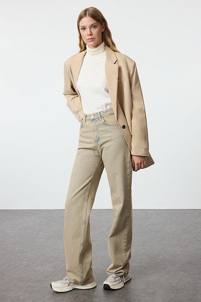 Trendyol Collection Magas derekú, sárga-világoskék széles lábú farmernadrág - TWOSS23je00068