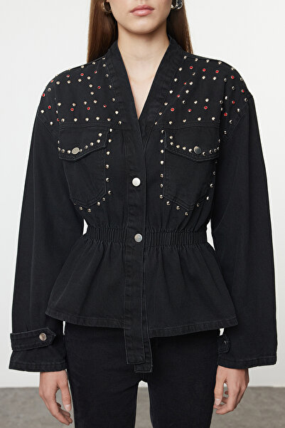 Trendyol Collection Oversize Black Stone Detailed Denim Jacket - Elastic Waist Twoaw25Ce00047