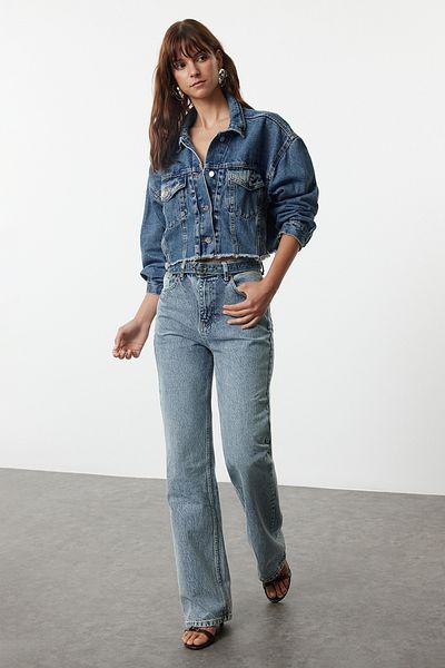 Trendyol Collection Blugi albaștri cu talie înaltă și picioare late - TWOAW25JE00089