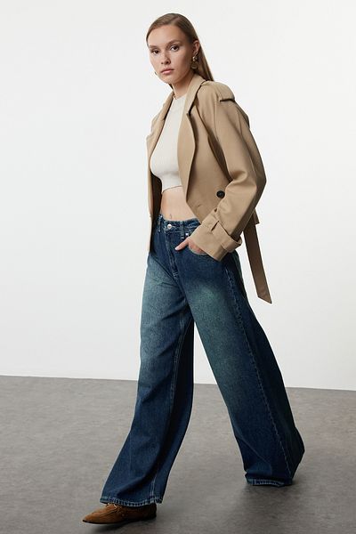 Trendyol Collection Magas derekú, extra széles lábú sötétkék Palazzo farmernadrág - TWOSS23JE00286