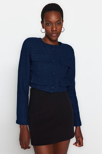Trendyol Collection Námořnická modrá Tweed Crop Jacket - limitovaná edice TWOAW23CE00215