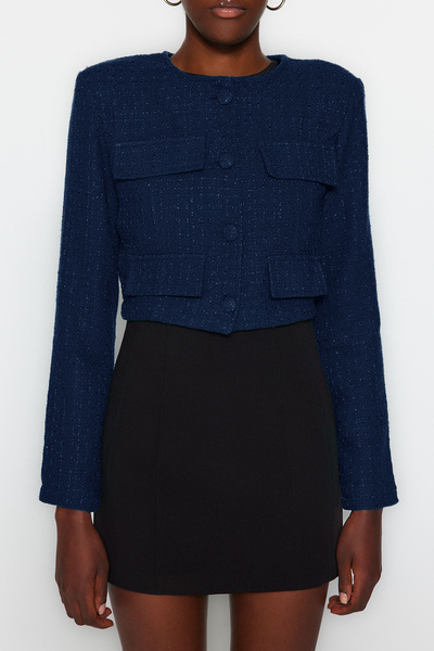 Trendyol Collection Sötétkék Tweed Crop kabát - Limited Edition TWOAW23CE00215