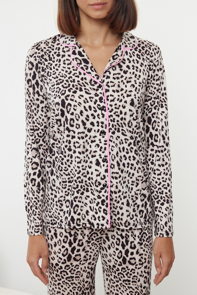 Trendyol Collection Többszínű leopárdmintás szalag/masni kötött pizsama szett THMAW25PT00107