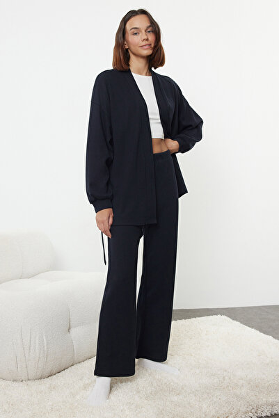 Kolekcia Trendyol Námornícka modrá súprava vaflovej tkaniny s opaskom pre tehotné pletené pyžamá Thmaw25Pt00015