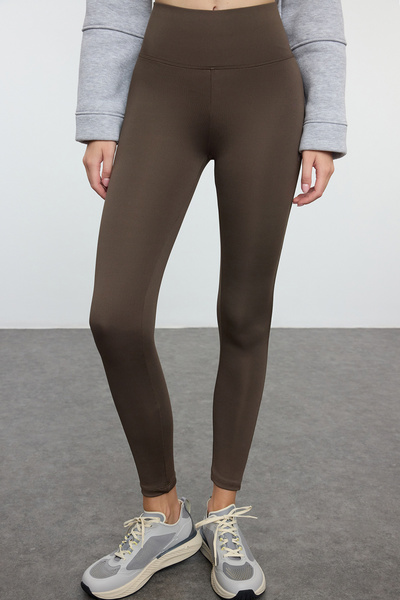 Trendyol Collection Extra Gathering πλεκτό αθλητικό κολάν - φαρδιά μέση, πλήρες μήκος, καφέ σοκολάτα TWOAW21TA0029