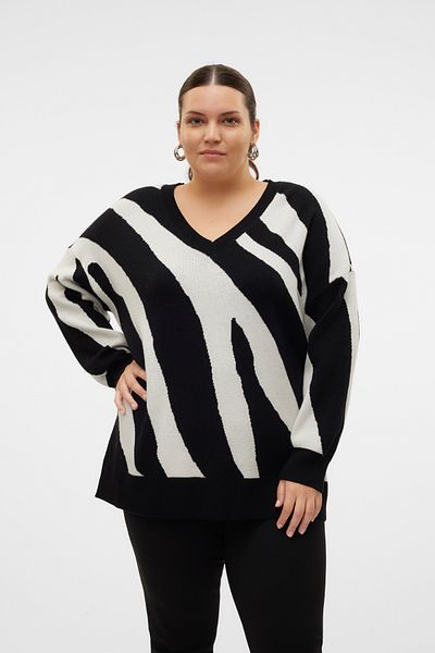 Veromoda Curve LDS. KNTD. LS PullOver – Jacquard, Rundhalsausschnitt, 2x2 Doppellagige Rippe an Halsausschnitt und Bündchensaum